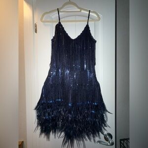 Navy Blue Sequin Fringe Dress
